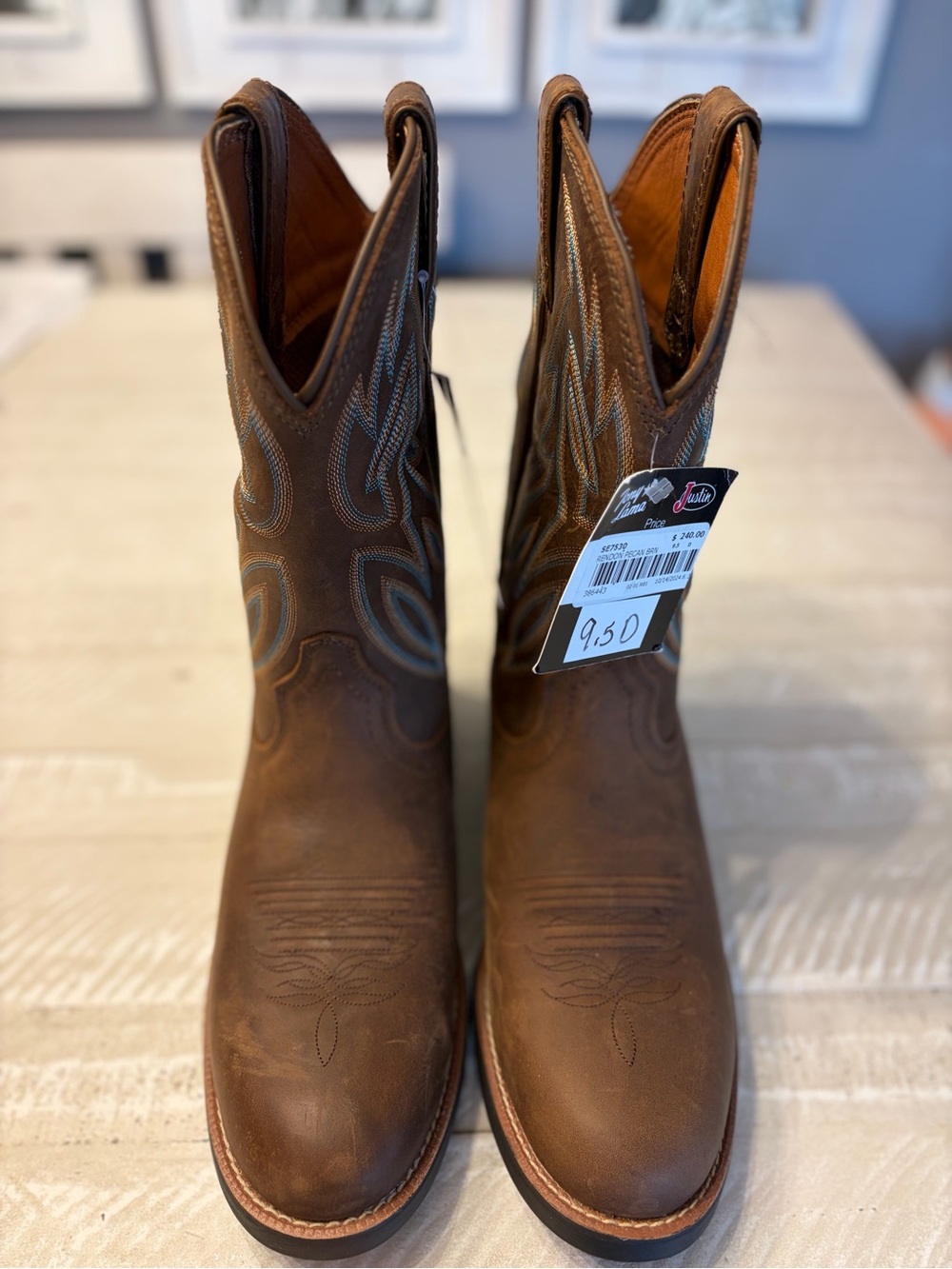 Men’s Justin Boots Brown Leather Western Boots with Blue Stitching